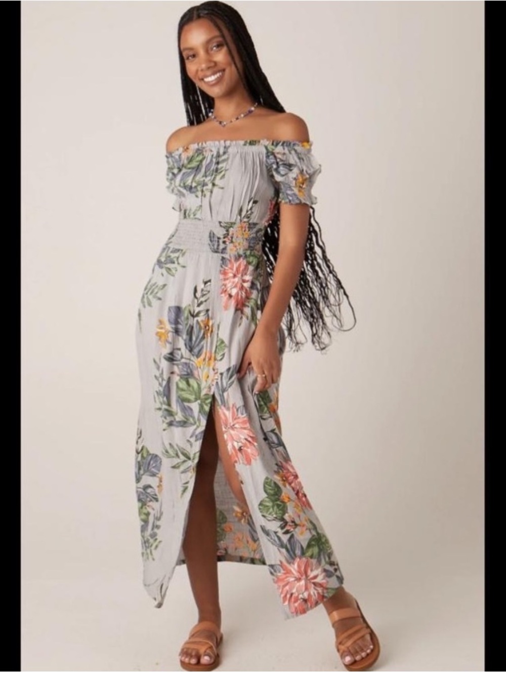 PATRONS OF PEACE Gray Floral Maxi Dress with Smocked Waist